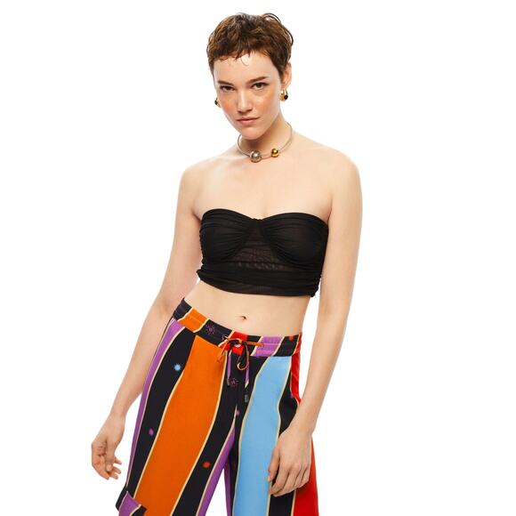 Nocturne Tops - Black Strapless Bustier Corset Tulle Crop Top Nocturne